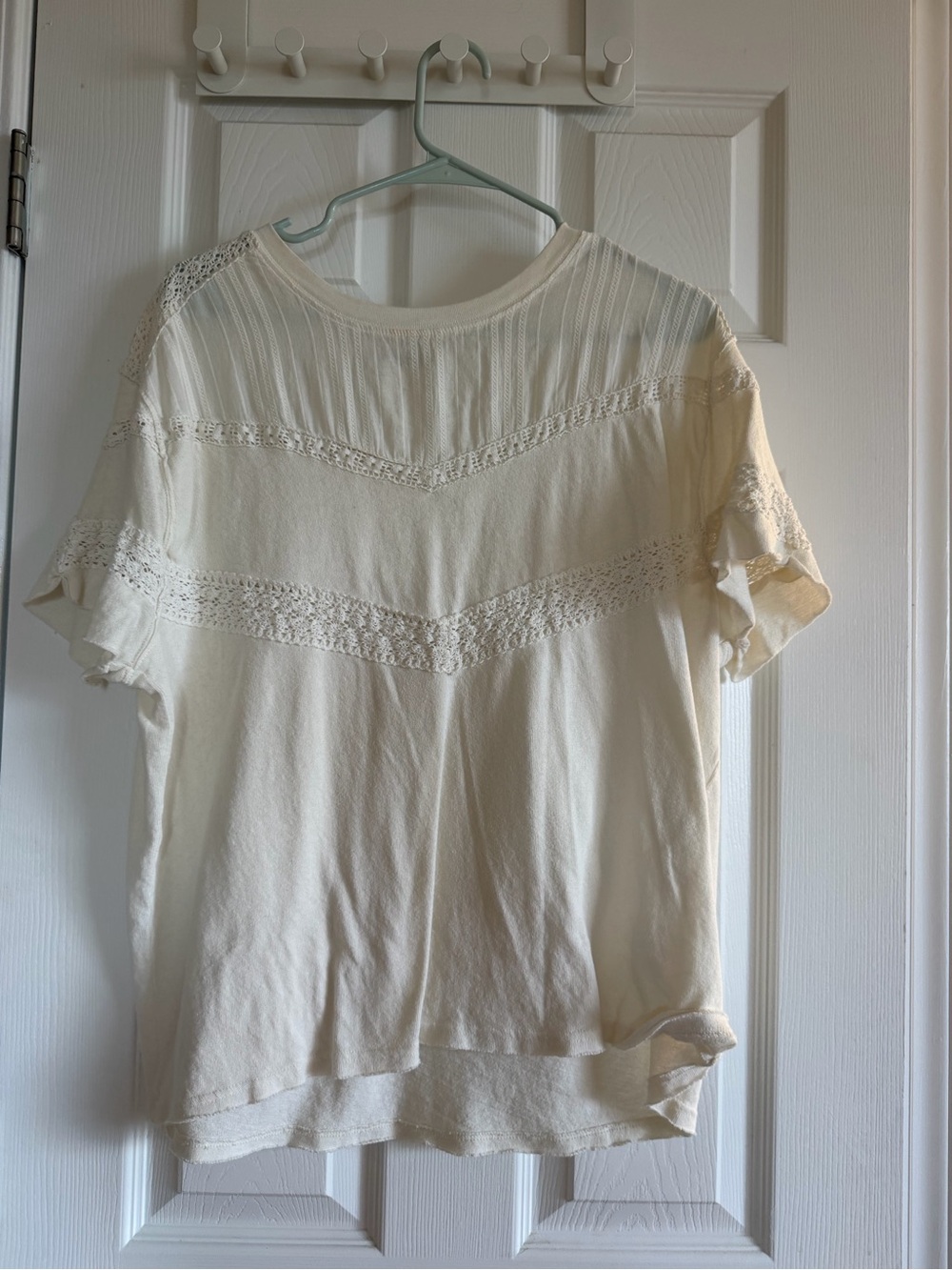Free People Cream Short Sleeve Lace & Pintuck Tee
